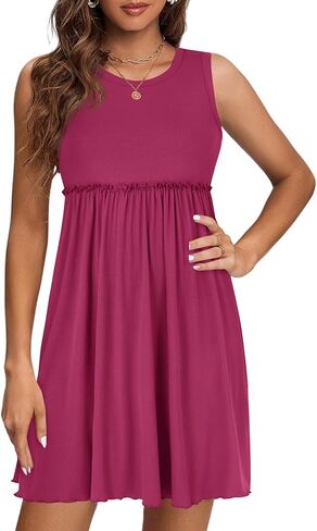 LYANER Women's Rib Knit Round Neck Frill Trim Flowy Shift Sleeveless Tank Mini Short Dress in Saudi Arabia