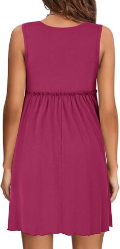 LYANER Women's Rib Knit Round Neck Frill Trim Flowy Shift Sleeveless Tank Mini Short Dress in Saudi Arabia