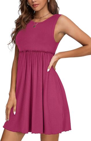 LYANER Women's Rib Knit Round Neck Frill Trim Flowy Shift Sleeveless Tank Mini Short Dress in Saudi Arabia