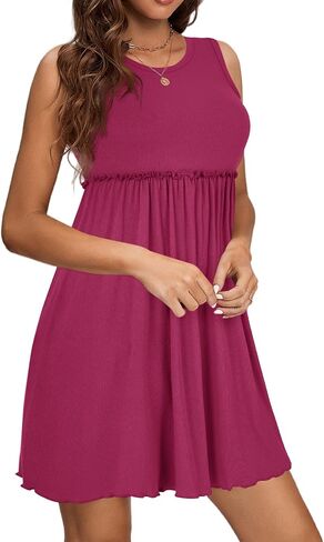 LYANER Women's Rib Knit Round Neck Frill Trim Flowy Shift Sleeveless Tank Mini Short Dress in Saudi Arabia