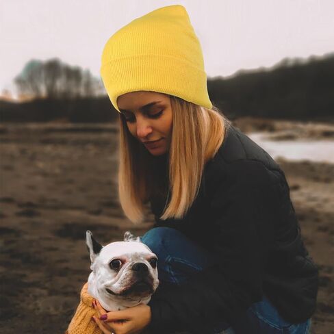 Yellow Beanie Hat for Men Women, Yellow Winter Knit Beanies Unisex Warm Cuff Beanie Soft Knitted Skull Caps Fashionable Headwear for Skating Running Hiking Biking in Saudi Arabia