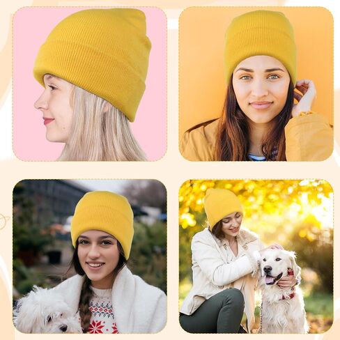 Yellow Beanie Hat for Men Women, Yellow Winter Knit Beanies Unisex Warm Cuff Beanie Soft Knitted Skull Caps Fashionable Headwear for Skating Running Hiking Biking in Saudi Arabia