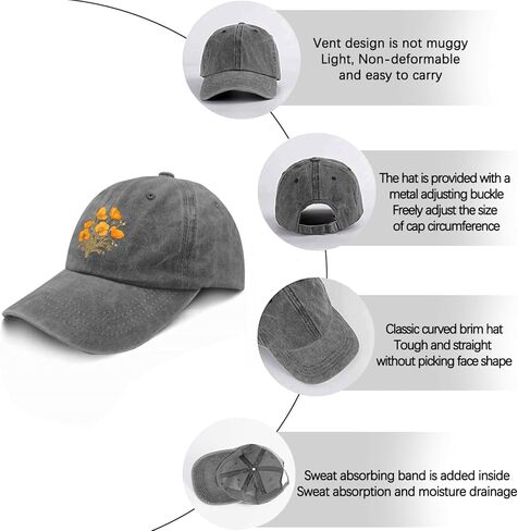 California Poppies Vintage Hats for Women Baseball Cap Stylish Washed Workout Hats Breathable, Pigment Gray in Saudi Arabia