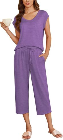 Ekouaer Women's Capri Pajamas Set Short Sleeve Loungewear 2 Piece Pjs Top & Capri Pants Set Sleepwear with Pockets S-XXL in Saudi Arabia
