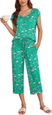 Ekouaer Women's Capri Pajamas Set Short Sleeve Loungewear 2 Piece Pjs Top & Capri Pants Set Sleepwear with Pockets S-XXL in Saudi Arabia