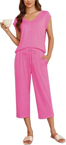 Ekouaer Women's Capri Pajamas Set Short Sleeve Loungewear 2 Piece Pjs Top & Capri Pants Set Sleepwear with Pockets S-XXL in Saudi Arabia