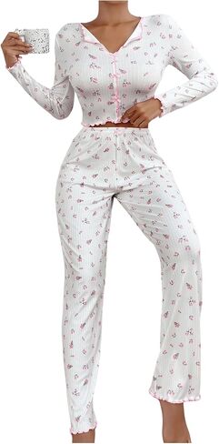 Women's 2 Piece Floral Pajama Sets Bowknot Lettuce Trim Long Sleeve Shirts Tops and Pants Sleepwear in Saudi Arabia