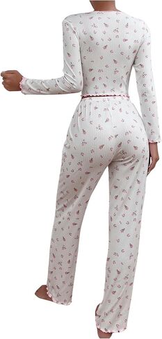 Women's 2 Piece Floral Pajama Sets Bowknot Lettuce Trim Long Sleeve Shirts Tops and Pants Sleepwear in Saudi Arabia