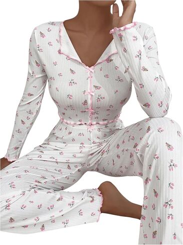 Women's 2 Piece Floral Pajama Sets Bowknot Lettuce Trim Long Sleeve Shirts Tops and Pants Sleepwear in Saudi Arabia