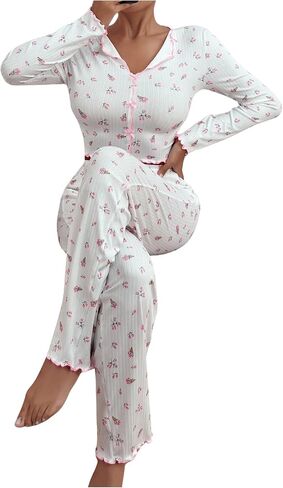 Women's 2 Piece Floral Pajama Sets Bowknot Lettuce Trim Long Sleeve Shirts Tops and Pants Sleepwear in Saudi Arabia