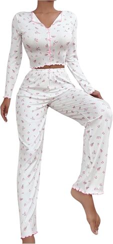 Women's 2 Piece Floral Pajama Sets Bowknot Lettuce Trim Long Sleeve Shirts Tops and Pants Sleepwear in Saudi Arabia