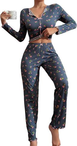 Women's 2 Piece Floral Pajama Sets Bowknot Lettuce Trim Long Sleeve Shirts Tops and Pants Sleepwear in Saudi Arabia