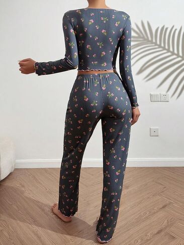 Women's 2 Piece Floral Pajama Sets Bowknot Lettuce Trim Long Sleeve Shirts Tops and Pants Sleepwear in Saudi Arabia