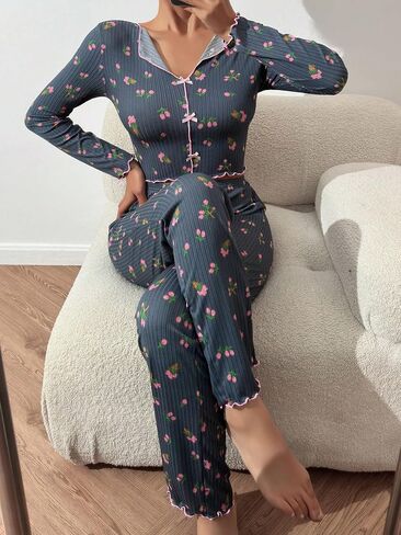 Women's 2 Piece Floral Pajama Sets Bowknot Lettuce Trim Long Sleeve Shirts Tops and Pants Sleepwear in Saudi Arabia