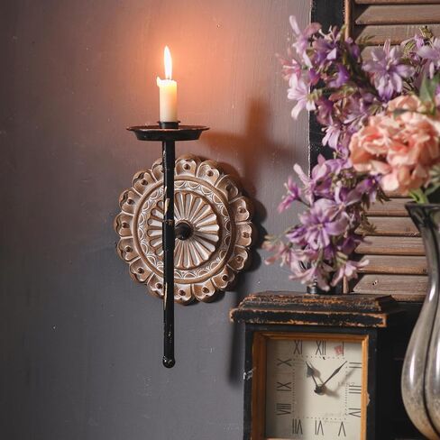 SOFE Farmhouse Hanging Candle Holder, Candle Wall Sconce with Wooden Floral Sculpture, Tapered Candlestick Holders Wrought Iron Wall Decor, Living Room, Hallway Decor in Kuwait