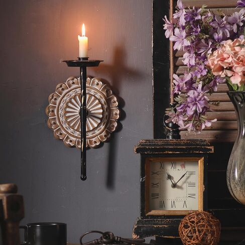 SOFE Farmhouse Hanging Candle Holder, Candle Wall Sconce with Wooden Floral Sculpture, Tapered Candlestick Holders Wrought Iron Wall Decor, Living Room, Hallway Decor in Kuwait