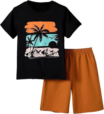 Boy's 2 Piece Outfits Short Sleeve Tropical Graphic Tee Shirts and Bermuda Shorts Summer Sets in Saudi Arabia
