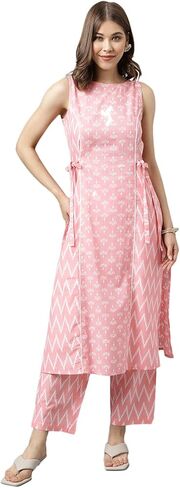 Women's Baby Pink Cotton A-line Kurta with Pant in Saudi Arabia