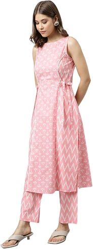 Women's Baby Pink Cotton A-line Kurta with Pant in Saudi Arabia