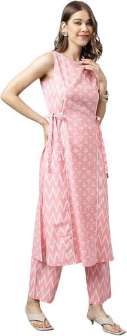 Women's Baby Pink Cotton A-line Kurta with Pant in Saudi Arabia