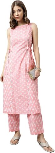 Women's Baby Pink Cotton A-line Kurta with Pant in Saudi Arabia