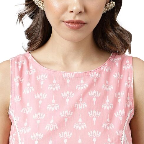 Women's Baby Pink Cotton A-line Kurta with Pant in Saudi Arabia