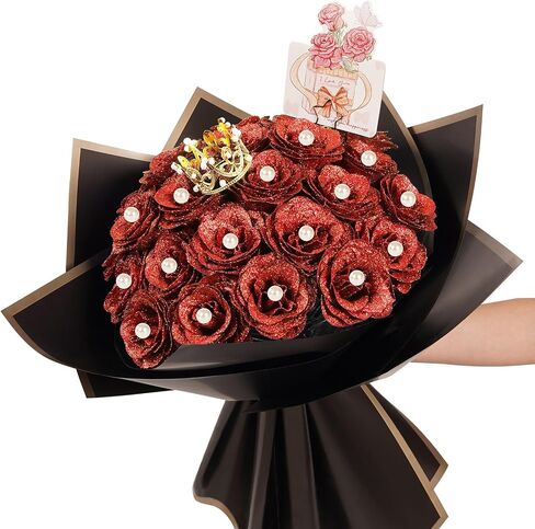 Glitter Roses Bouquet, DIY Artificial Bouquet of Shiny Fake Flower, Everlasting Shiny Rose for Valentine's Day, Anniversary, Engagement, Wedding, Birthday Gifts for Women, Mom(25 Roses Yellow) in Kuwait