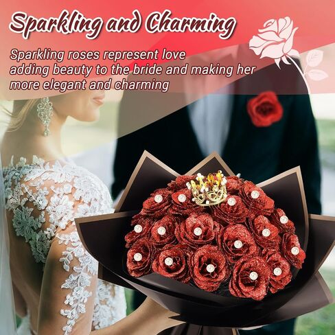 Glitter Roses Bouquet, DIY Artificial Bouquet of Shiny Fake Flower, Everlasting Shiny Rose for Valentine's Day, Anniversary, Engagement, Wedding, Birthday Gifts for Women, Mom(25 Roses Yellow) in Kuwait