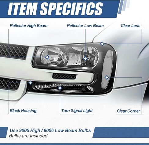 Auto Dynasty Headlights Assembly Compatible with 2002-2009 Chevy Trailblazer/Trailblazer EXT, Pair of Halogen Headlamps Replacement, Fits Full Length Grill Bar Model, Smoked Lens Amber Corner in Saudi Arabia
