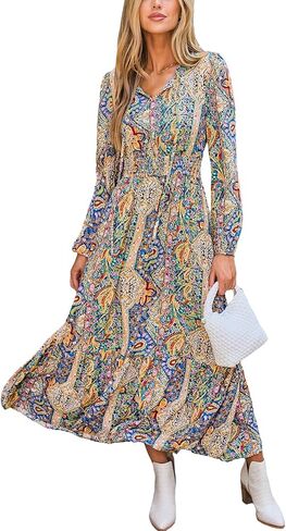 CUPSHE Women's Maxi Dress V Neck Boho Paisley Long Sleeve Smocked Waist A Line Casual Maxi Dress in Kuwait