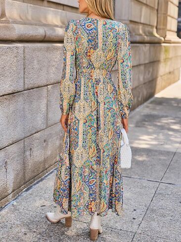 CUPSHE Women's Maxi Dress V Neck Boho Paisley Long Sleeve Smocked Waist A Line Casual Maxi Dress in Kuwait