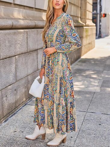 CUPSHE Women's Maxi Dress V Neck Boho Paisley Long Sleeve Smocked Waist A Line Casual Maxi Dress in Kuwait