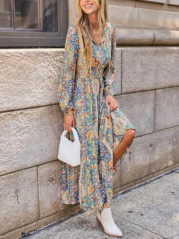 CUPSHE Women's Maxi Dress V Neck Boho Paisley Long Sleeve Smocked Waist A Line Casual Maxi Dress in Kuwait