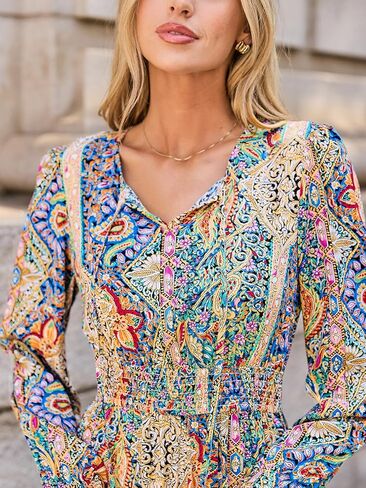 CUPSHE Women's Maxi Dress V Neck Boho Paisley Long Sleeve Smocked Waist A Line Casual Maxi Dress in Kuwait