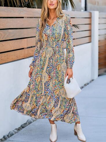 CUPSHE Women's Maxi Dress V Neck Boho Paisley Long Sleeve Smocked Waist A Line Casual Maxi Dress in Kuwait