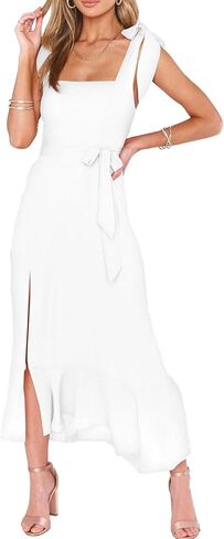 Women's Summer Boho Side Split Ruffle A Line Square Neck Spaghetti Strap Beach Long Dress YH2311 in Kuwait