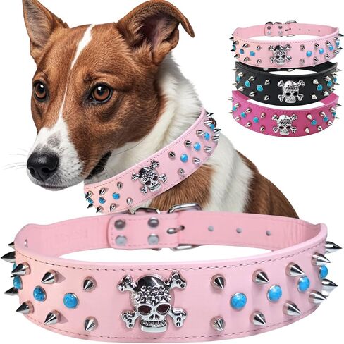 Spiked Dog Collar -Adjustable PU Leather Pet Collar for Small Medium Large Dogs Gift for Boys Girls Dog Pink-M in Saudi Arabia