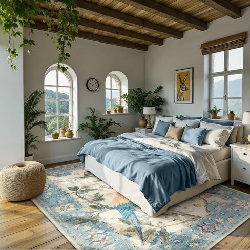 Lahome Botanical Birds Washable Green 8 x 10 Area Rugs for Living Room, Boho Soft Dining Room Rugs for Under Table, Large Vintage Indoor Floor Carpet for Bedroom Home Office (8x10ft,Green) in Kuwait