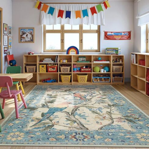 Lahome Botanical Birds Washable Green 8 x 10 Area Rugs for Living Room, Boho Soft Dining Room Rugs for Under Table, Large Vintage Indoor Floor Carpet for Bedroom Home Office (8x10ft,Green) in Kuwait