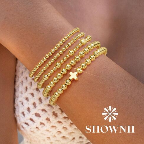 shownii Gold Bracelets for Women, Gold Stretch Beaded Bracelet 14K Gold Plated Bracelets Stackable Strand Bead Ball Bracelet Stack Adjustable Bracelets Set Gifts in Saudi Arabia
