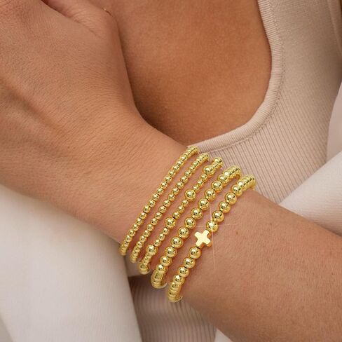 shownii Gold Bracelets for Women, Gold Stretch Beaded Bracelet 14K Gold Plated Bracelets Stackable Strand Bead Ball Bracelet Stack Adjustable Bracelets Set Gifts in Saudi Arabia
