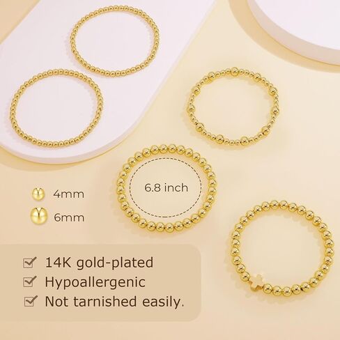 shownii Gold Bracelets for Women, Gold Stretch Beaded Bracelet 14K Gold Plated Bracelets Stackable Strand Bead Ball Bracelet Stack Adjustable Bracelets Set Gifts in Saudi Arabia