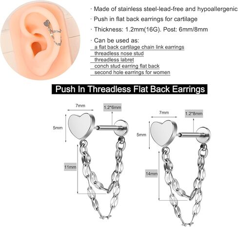 AoedeJ 2 Pairs Flat Back Stud Earrings Push In Flat Back Earrings for Cartilage Earring Heart-shaped Windmill Chain Threadless Flat Back Earrings for Women in Kuwait