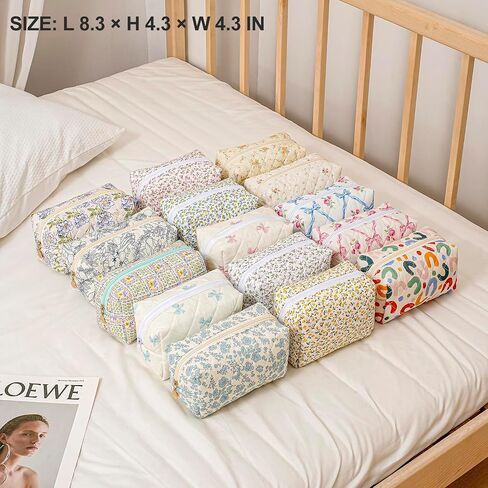 Cute Floral Makeup Bag Small Cotton Quilted Cosmetic Bag, Aesthetic Essential Bag Toiletry Period Bag for Women Travel Accessories (Blue Floral) in Kuwait