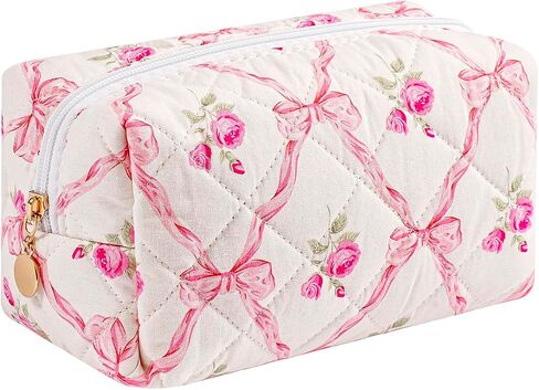 Cute Floral Makeup Bag Small Cotton Quilted Cosmetic Bag, Aesthetic Essential Bag Toiletry Period Bag for Women Travel Accessories (Blue Floral) in Kuwait