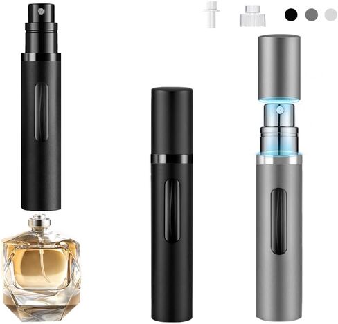 رذاذ عطر 5 مل قابل لإعادة الملء، موزع كولونيا صغير، زجاجة عطور تملأ الجزء السفلي، حجم الجيب بخاخ محمول للنساء والرجال هدية رحلة سيارة كروز قطعتين (أسود-فضي) in Saudi Arabia