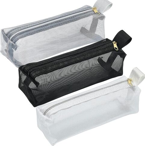 Mesh Makeup Brush Bag, 3pcs Nylon Cosmetic Pouch Slim Mesh Pencil Case with Zipper for Travel Office Purse Diaper Bag in Saudi Arabia