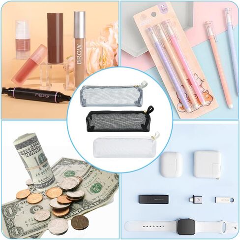 Mesh Makeup Brush Bag, 3pcs Nylon Cosmetic Pouch Slim Mesh Pencil Case with Zipper for Travel Office Purse Diaper Bag in Saudi Arabia