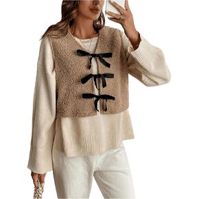 SOLY HUX Women's Y2k Bow Tie Front Fuzzy Cropped Vest V Neck Sleeveless Fleece Vest Jacket Outerwear