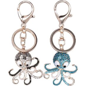 Animal Keyring Car Bag Accessory Charm Pendant Gift, 2PCS Cute Octopus Crystal Rhinestones Keychain(Black+Blue)